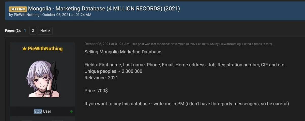Монголын 2.3 сая иргэний мэдээллийг хакеруудын сайтад 700 ам.доллараар зарж байна