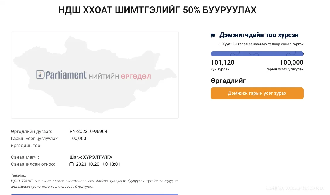 Нийгмийн даатгалын шимтгэл, ХХОАТ-ыг 50 хувиар бууруулах саналыг 100 мянган иргэн дэмжлээ