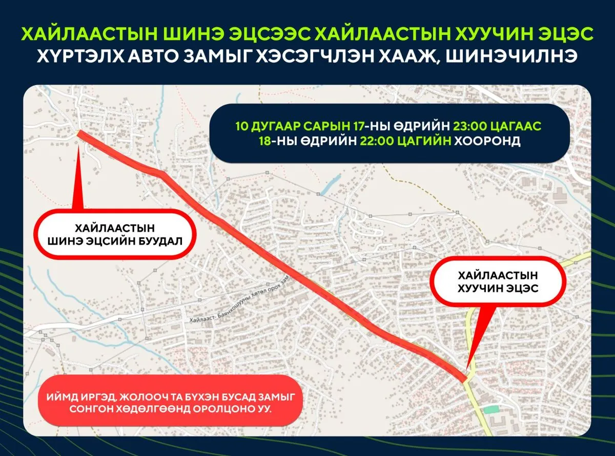 Хайлаастын шинэ эцсээс 17-ийн уулзвар хүртэлх авто замыг өнөөдөр 23:00 цагт хэсэгчлэн хааж, шинэчилнэ
