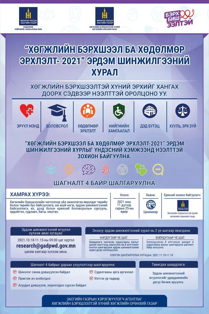 “Хөгжлийн бэрхшээл ба хөдөлмөр эрхлэлт 2021” сэдэвт эрдэм шинжилгээний хурал эхлэх гэж байна