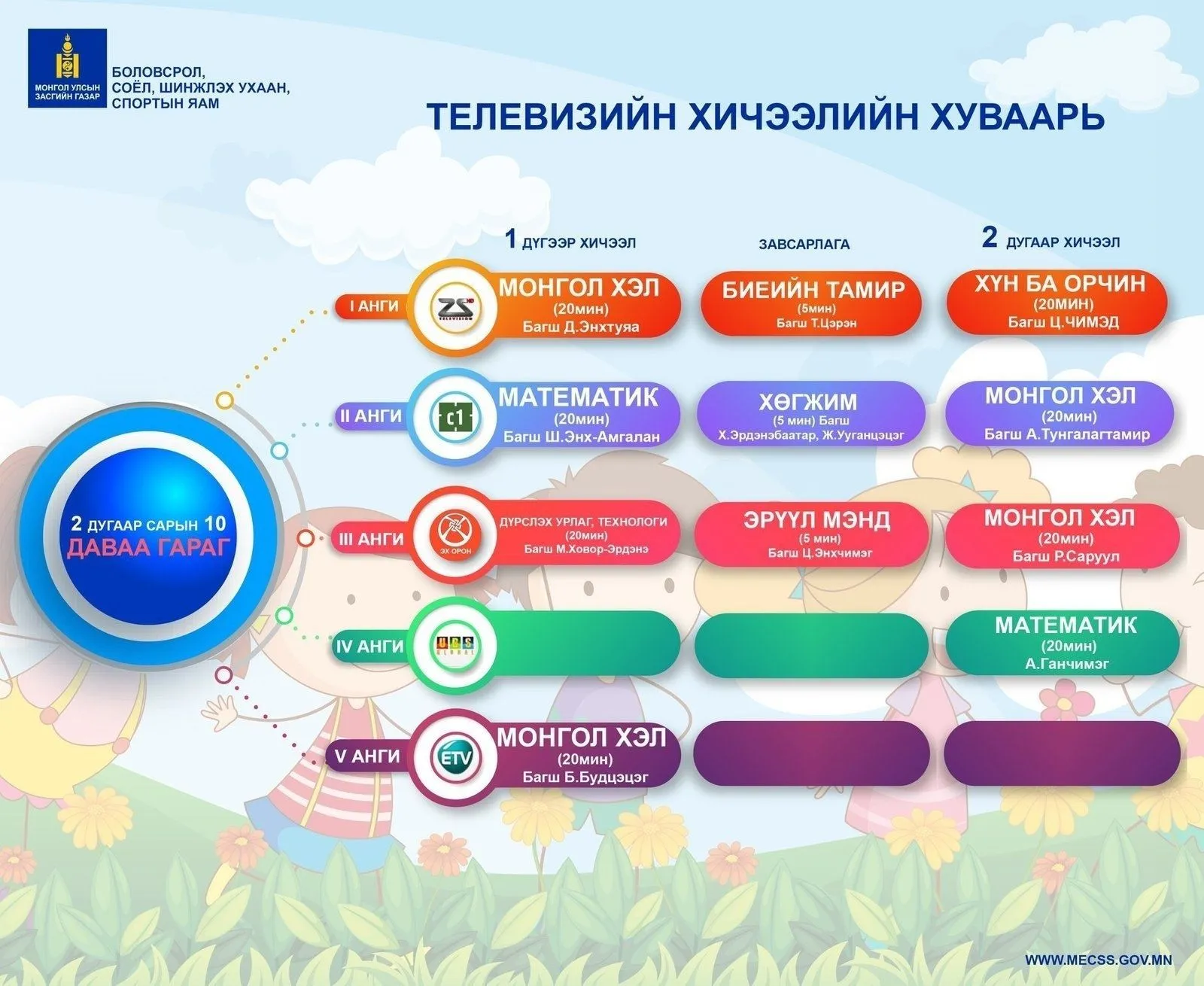 ЕБС-ийн бага ангийн сурагчдад зориулсан ТЕЛЕ ХИЧЭЭЛИЙН ХУВААРЬ
