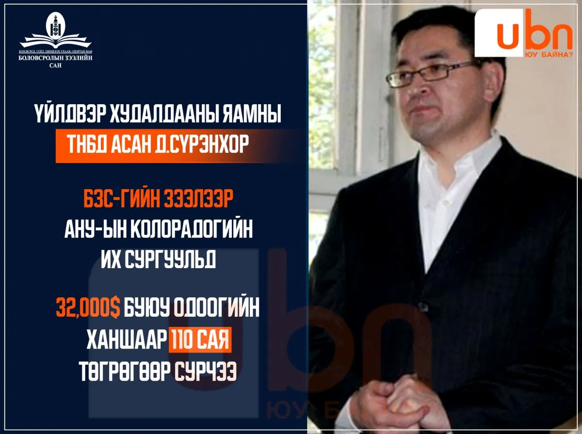 Үйлдвэр худалдааны яамны ТНБД асан Д.Сүрэнхор БЗС-гаас 32 мянган ам.долларын зээл авч, АНУ-д сурчээ