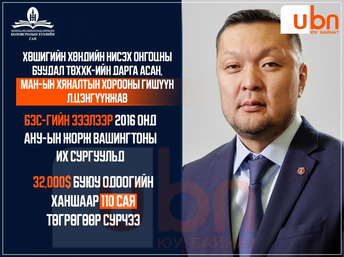 Хөшигийн хөндийн нисэх онгоцны буудал ТӨХХК-ийн дарга асан Л.Цэнгүүнжав БЗС-гаас 32 мянган ам.долларын зээл авч, АНУ-д сурчээ