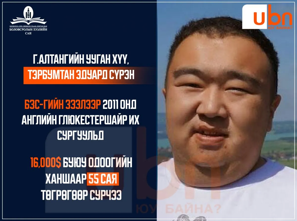 Алтжин групп компанийн захирал Г.Алтангийн хүү Эдуард Сүрэн БЗС-гаас 16 мянган ам.долларын зээл авч, Англид сурчээ